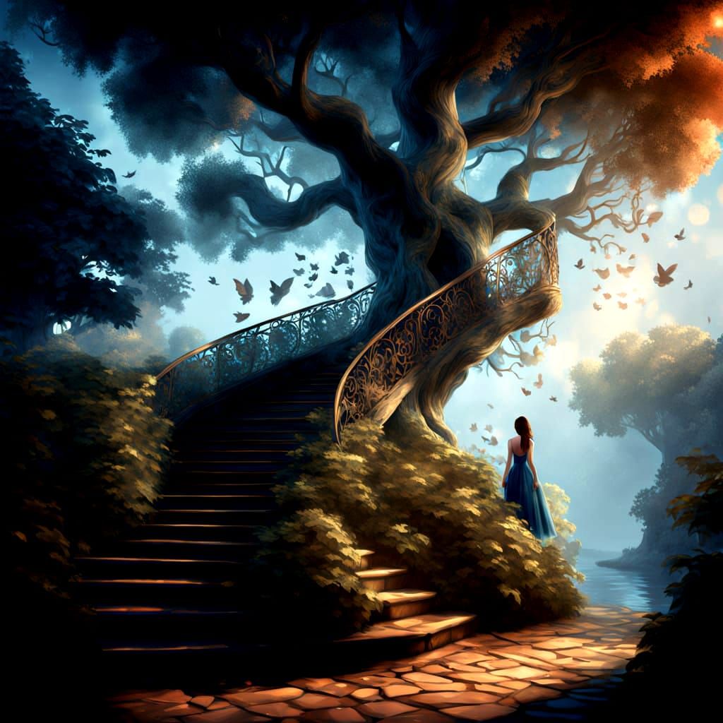 Fantastical Maiden Contemplates Sky Amidst Serene Forest Sce...