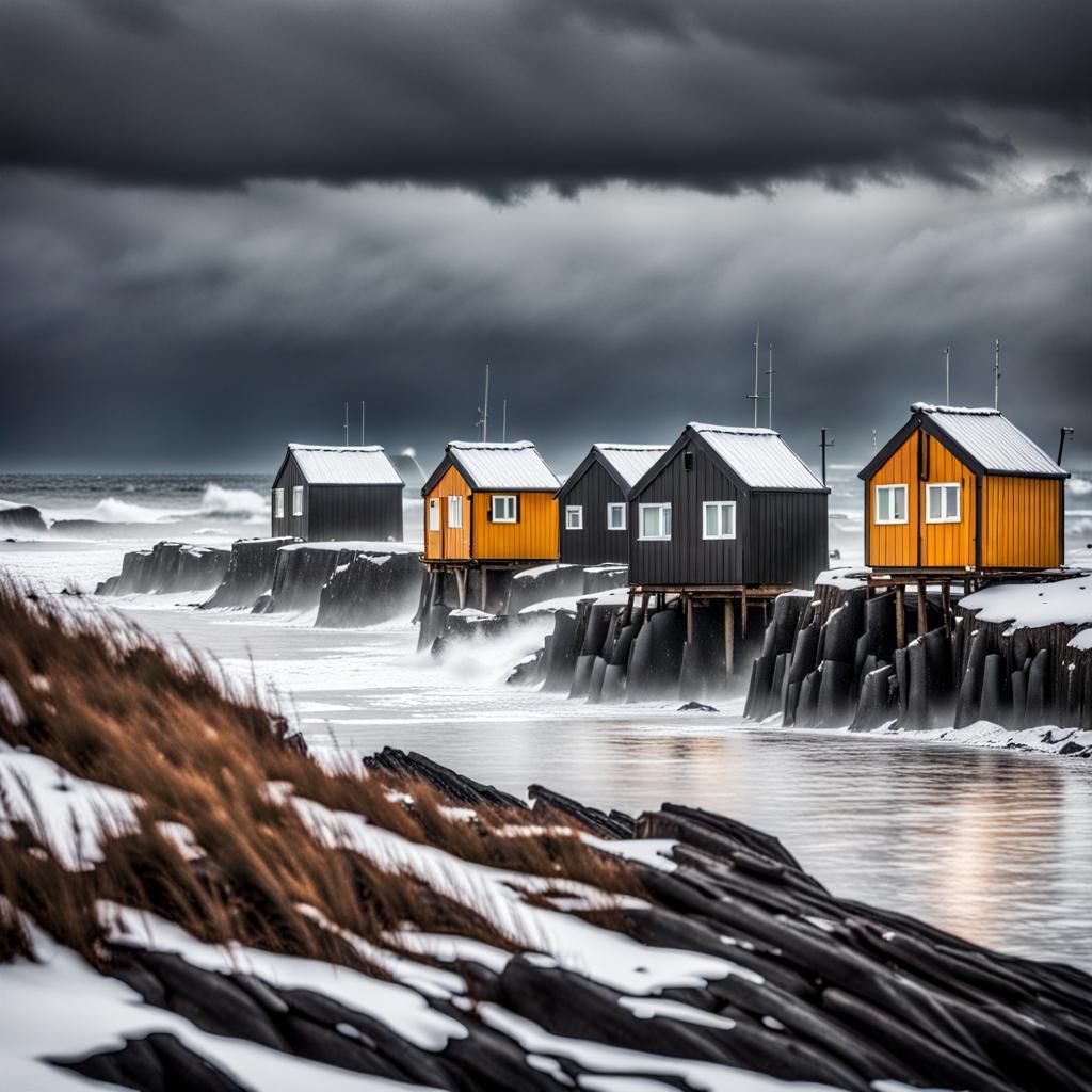 Winter Coastal Cabins in Stormy Weather
