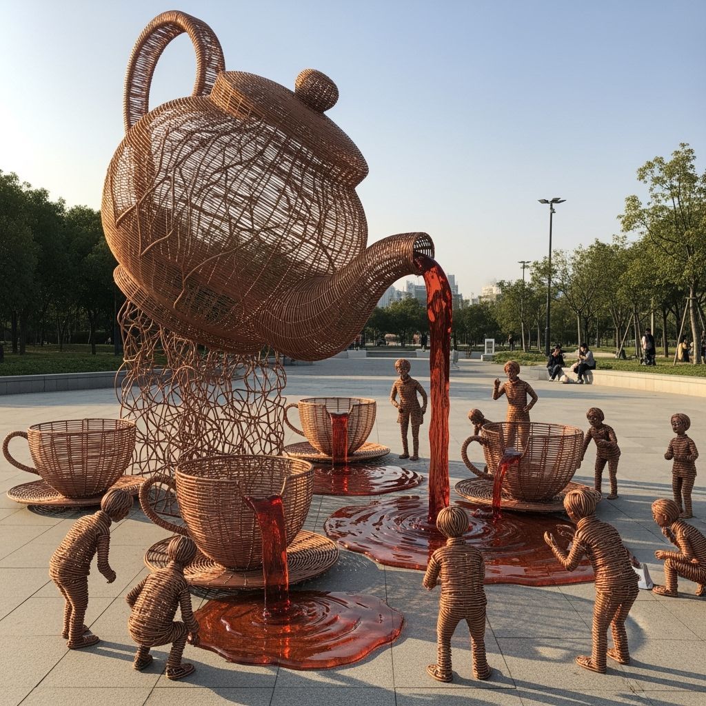 Copper Wire Teapot Sculpture Leaking Tea in Public Park