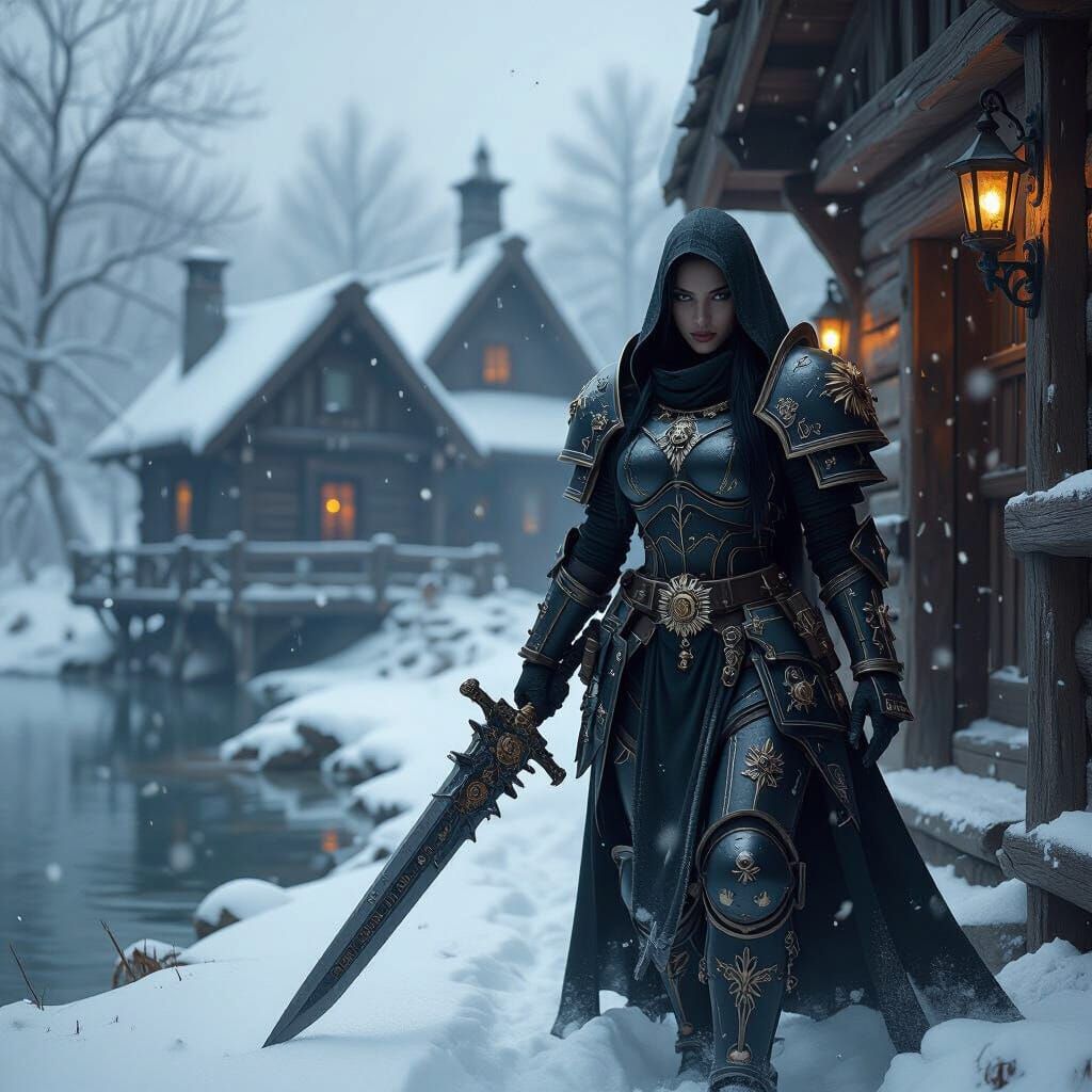 Dark Elf Exits Medieval Tavern Into Snowstorm