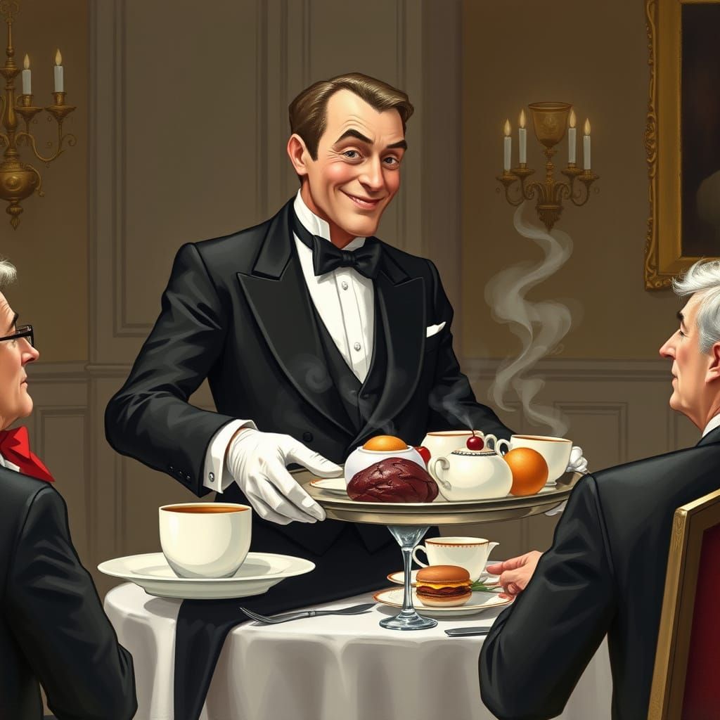 Refined Butler Serving Breakfast in Whimsical Realism Style