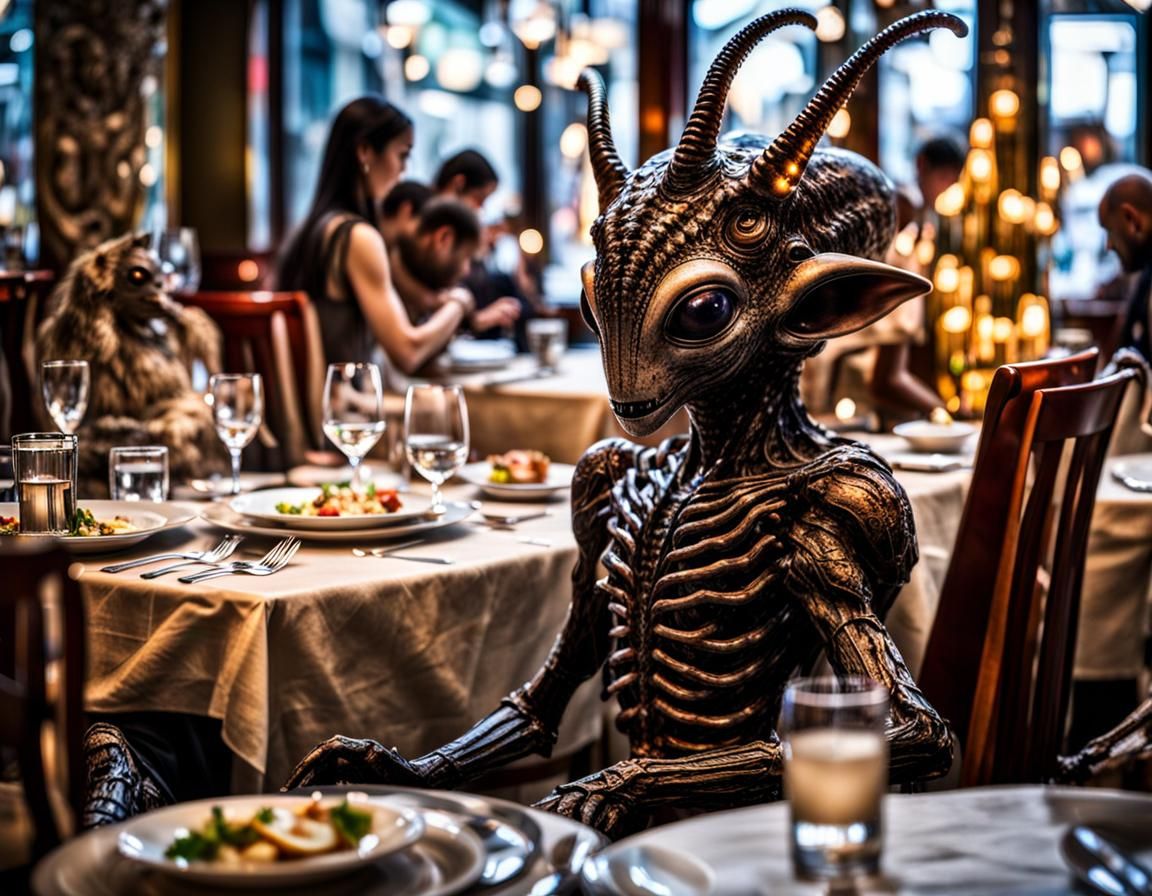 Surreal Restaurant Scene with Exotic Aliens, Professional Ph...