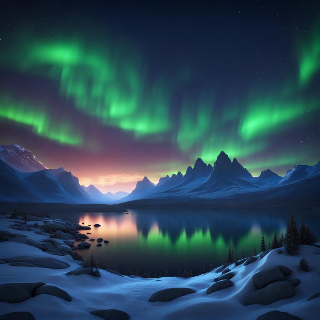 Northern Lights Over Snowy Mountains in Detailed Painting