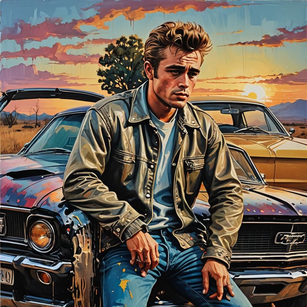 James Dean in Pop Art Style Leaning on Mustang