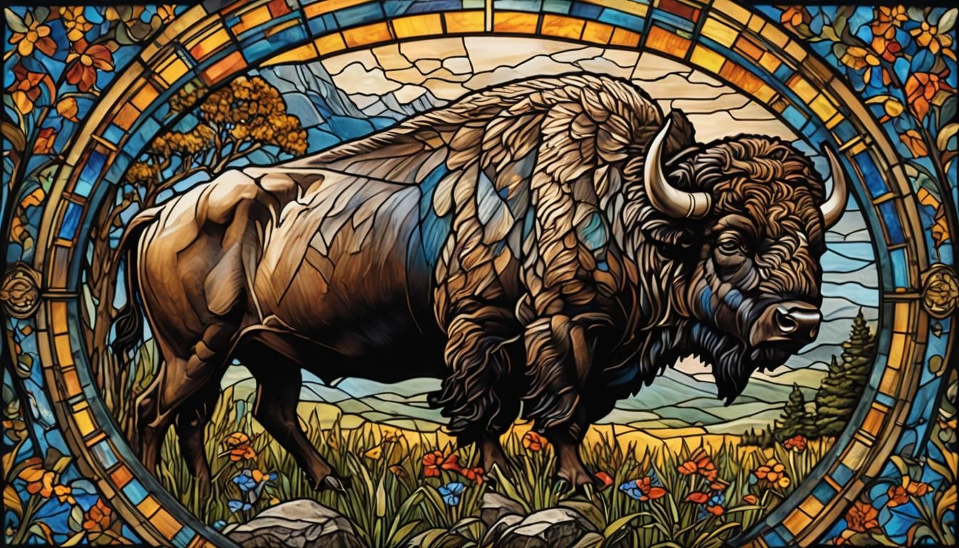 Stunning Stained Glass Buffalo: Hyperdetailed Masterpiece