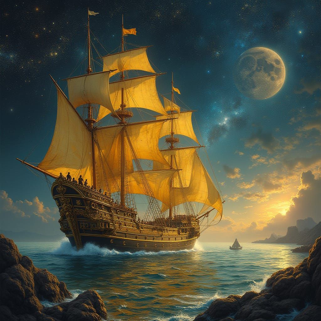 Golden Galleon Navigating Cosmos in Hyperrealistic Detail
