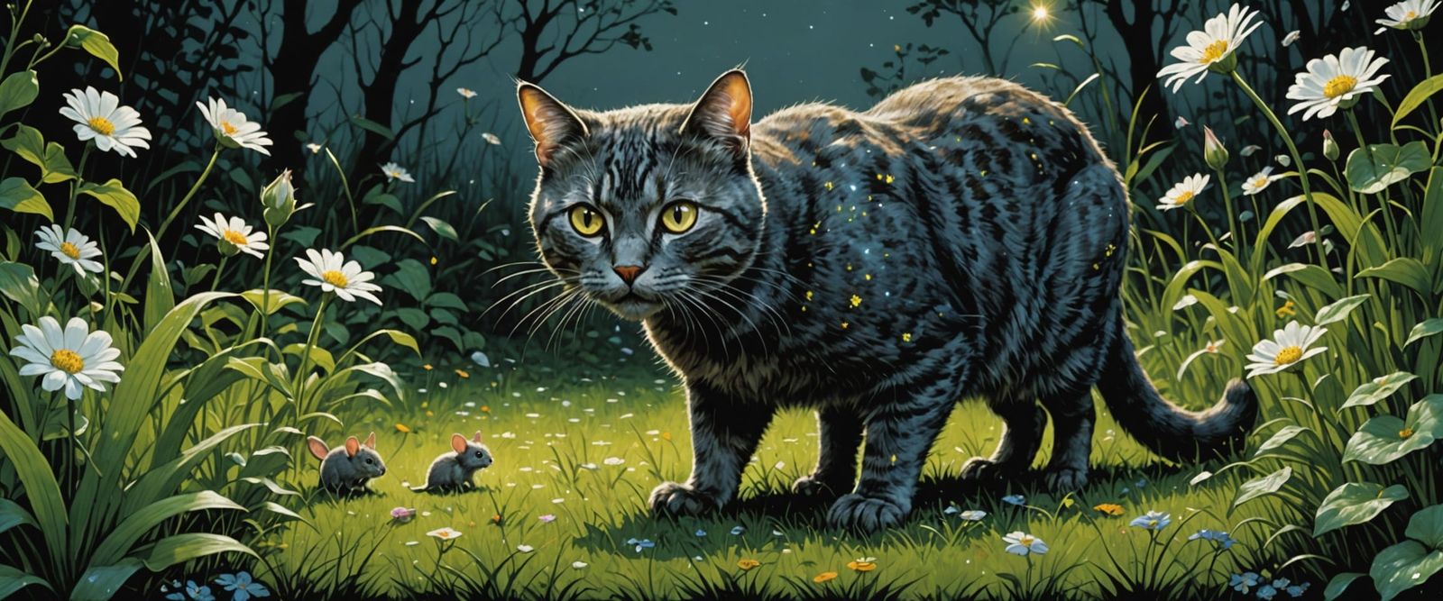 Cat Stalking Mouse in Enchanted Garden
