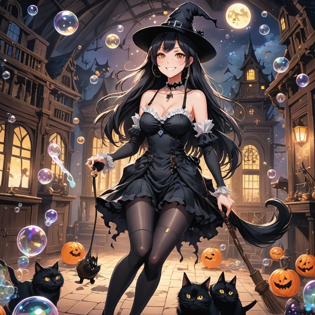 Anime Witch in Haunted House with Black Cat