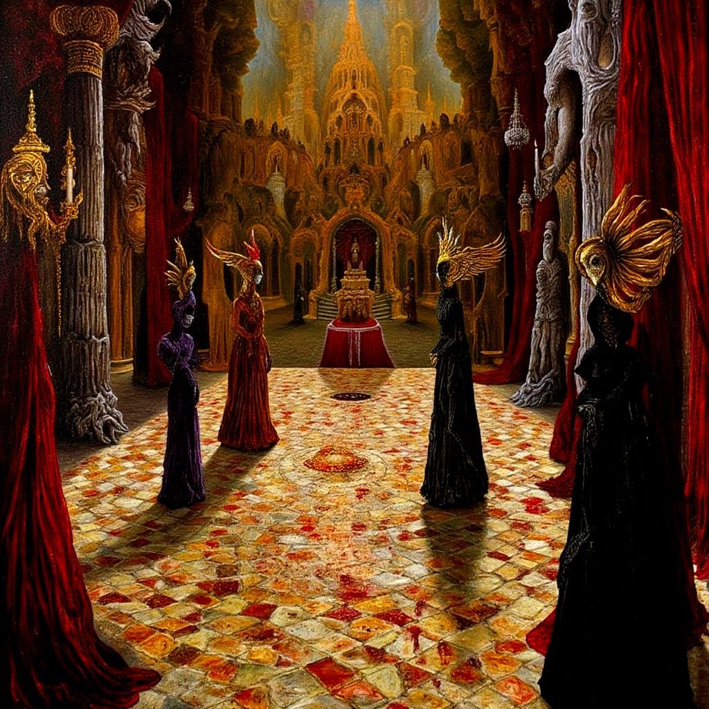 Baroque Crystal Cave Ritual as Dark Oil Painting