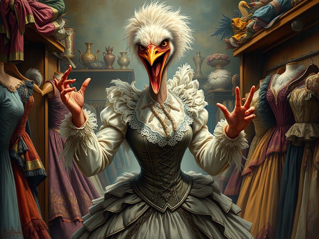 Victorian Ostrich Woman's Rage: Arthur Rackham-Style Illustr...