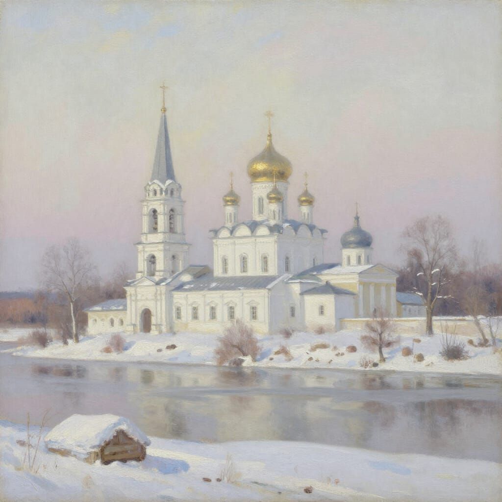 Winter Monastery on Volga River in Nesterov Style