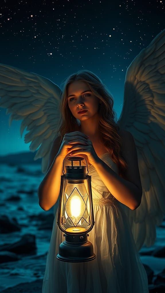 Lonely Angel with Lantern on Stormy Shore