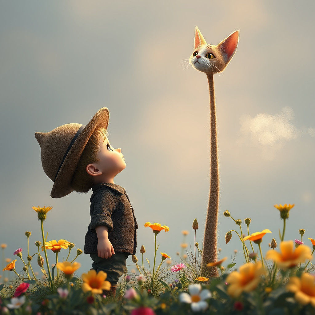 Boy and Tall Cat in Whimsical Folk Art