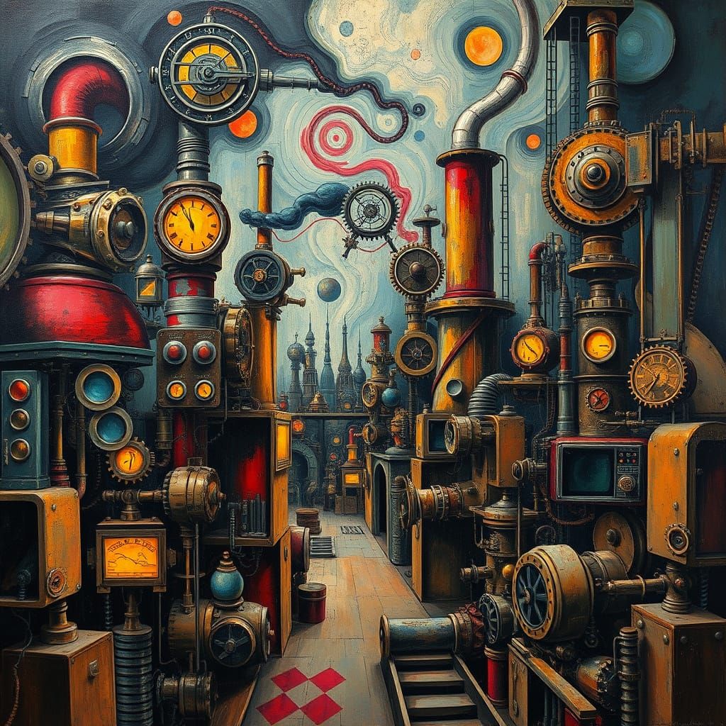 Mystical Steampunk Factory with Abstract Shapes
