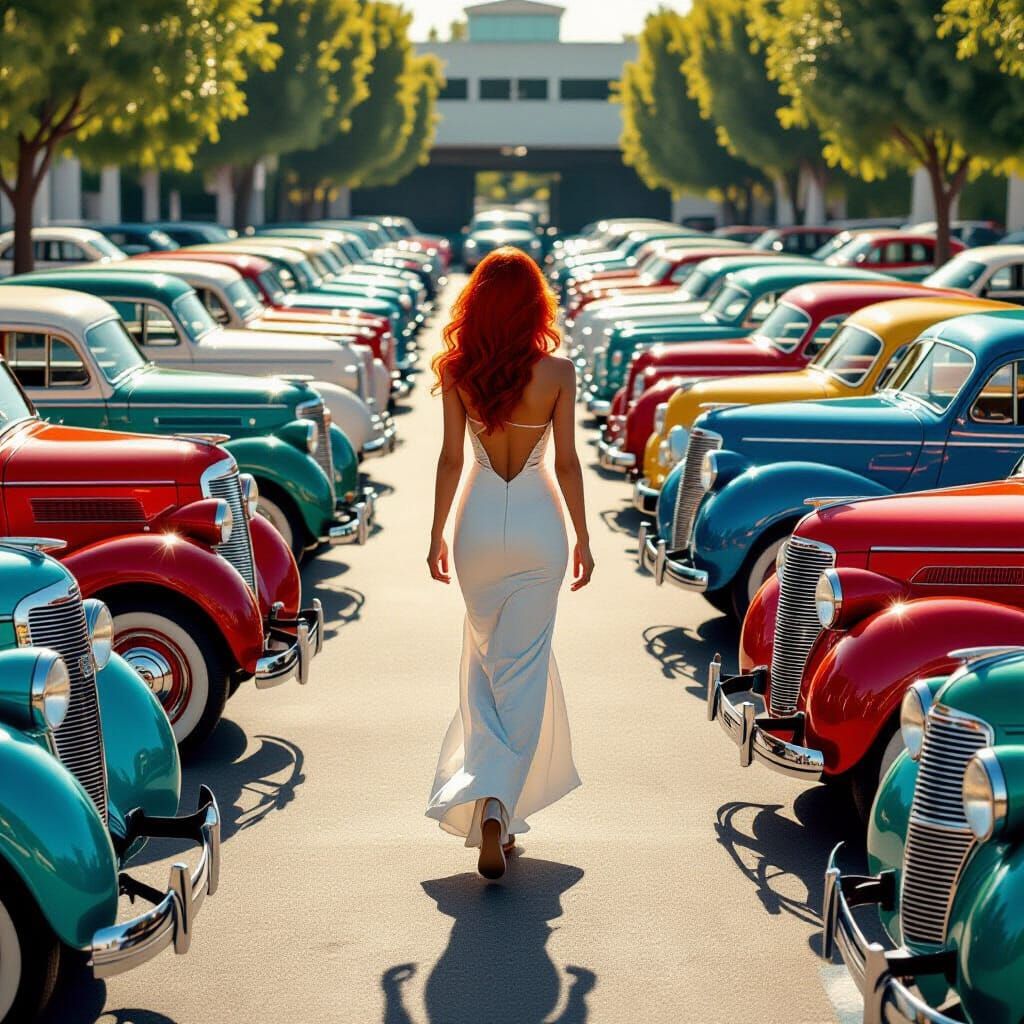 Red Haired Woman Amidst Classic Cars