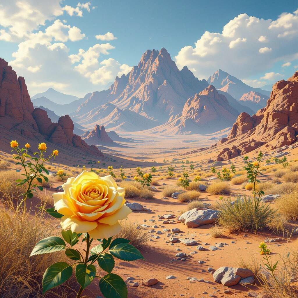 Desert Mountains With Blooming Yellow Rose Matte Painting