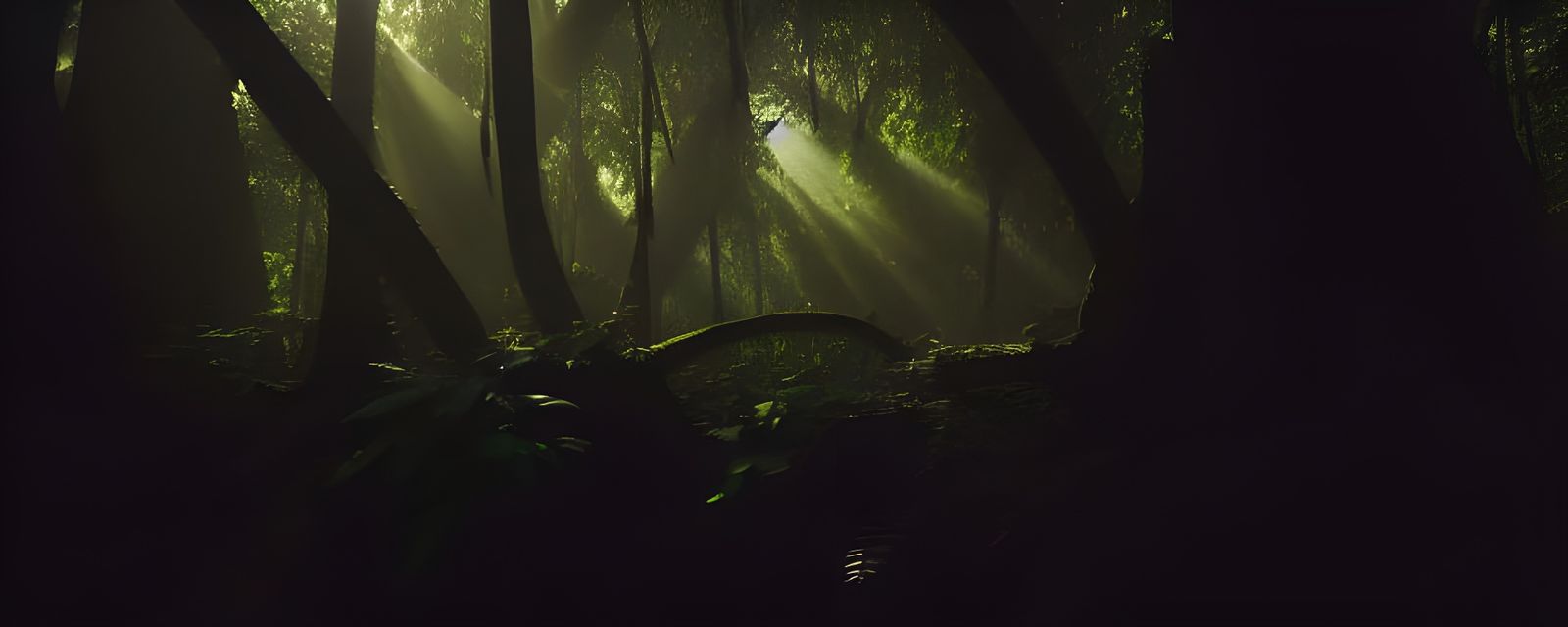 Ancient ruins deep within a dense jungle. Filtered sunlight, trees, foliage, mysterious, calm, ruined buildings lost to ...