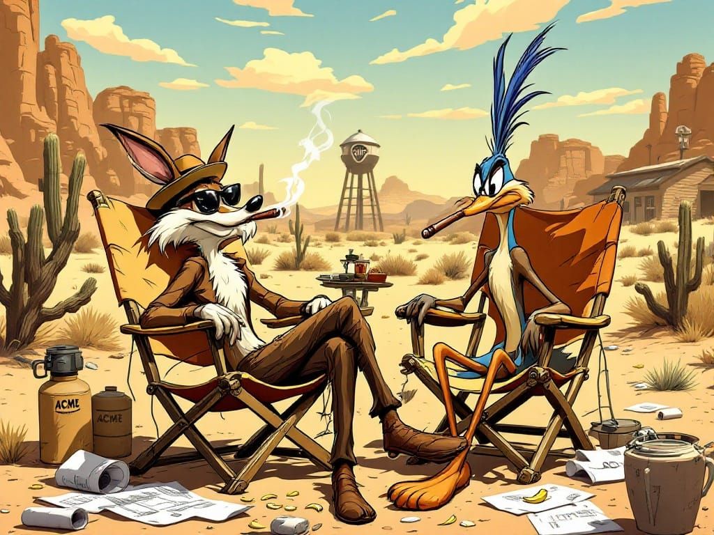 Wile E. Coyote and Road Runner Take a Break in the Desert