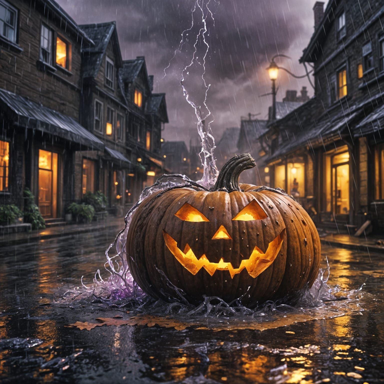 Burning Pumpkin in Rain, Dark Fantasy Concept Art