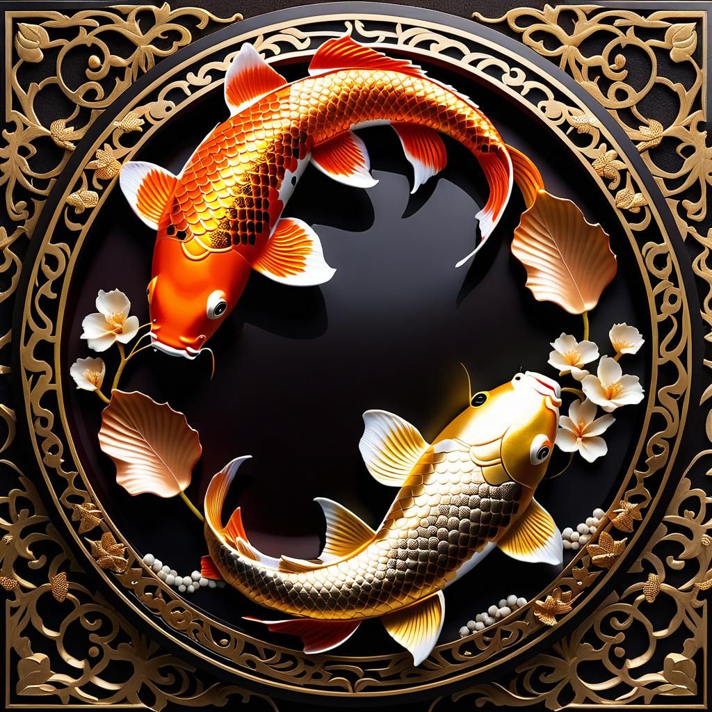 Koi Fish Yin Yang Symbol in Golden Filigree