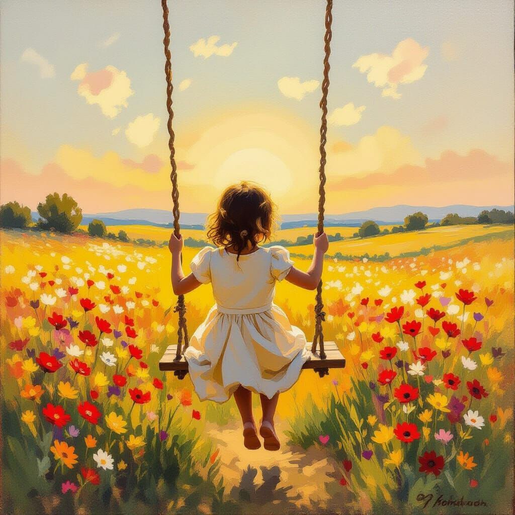 Child on Swing in Wildflower Field, Impasto Oil Painting