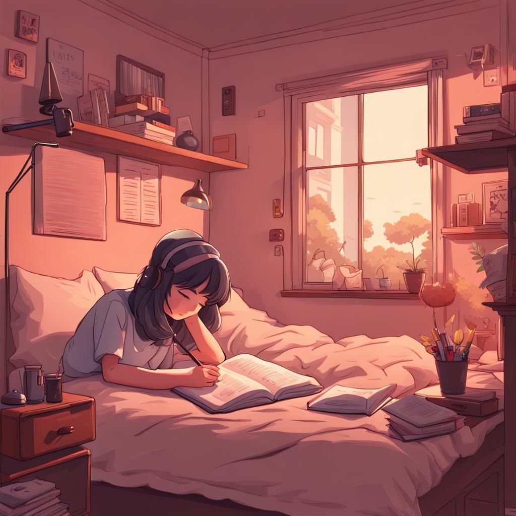 Lofi Girl Studying in Cozy Bedroom