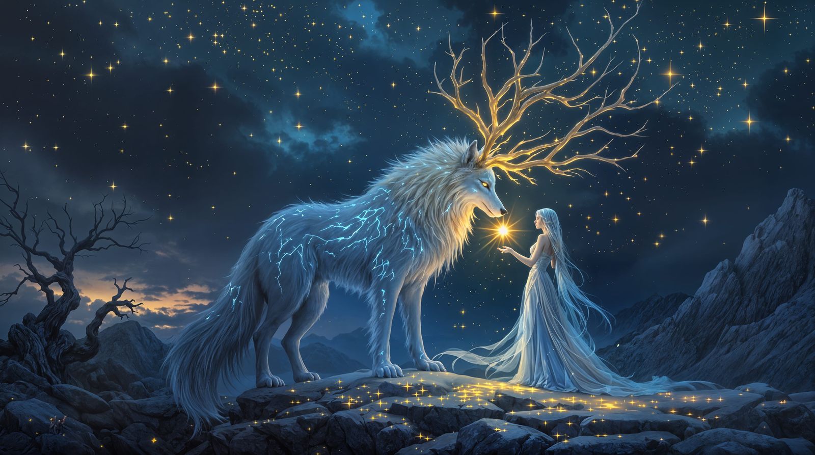Fantasy Painting of Ethereal Woman and Majestic Star-Antlere...