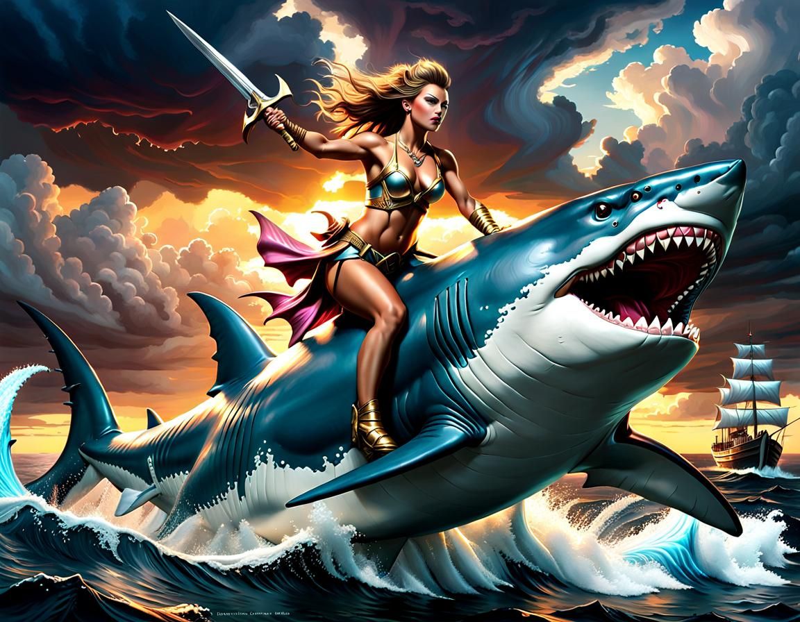 Warrior Princess Rides Shark: Digital Illustration