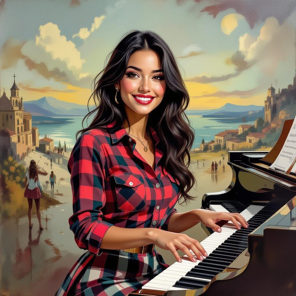 Woman Playing Music in Store, Surrealist Style