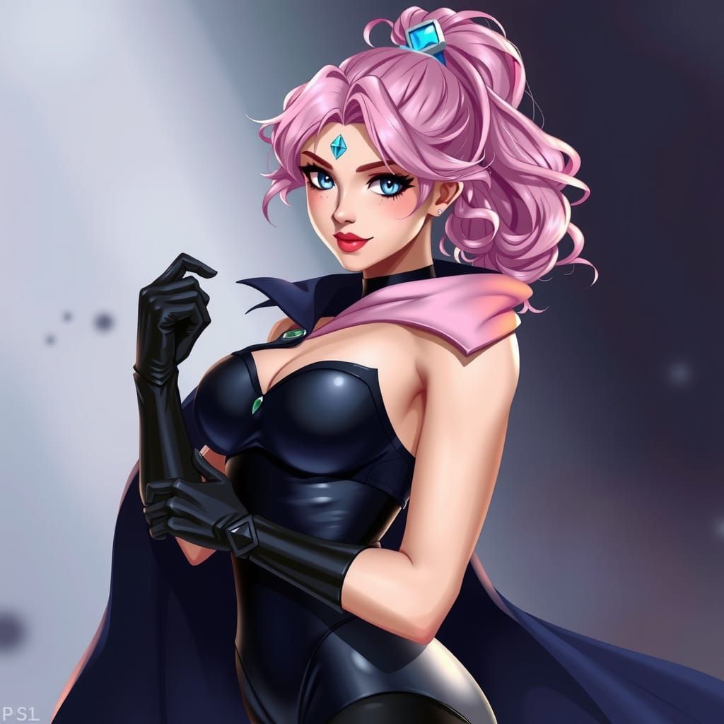 Curvy Super-Villainess with Pale Pink Hair and Blue Eyes
