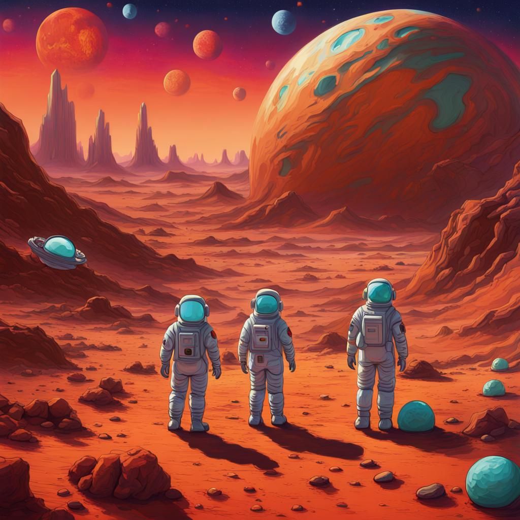 Astronaut Family on Mars in Pop Art Style