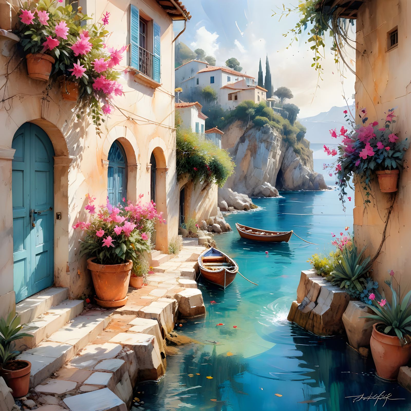 Idyllic Mediterranean Village with Stone Villa and Azure Sea