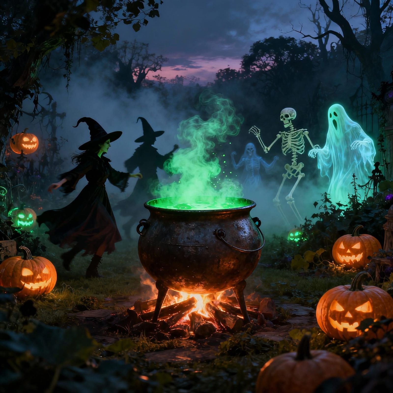Enchanting Halloween Scene: Cauldron, Pumpkins, and Spectral...