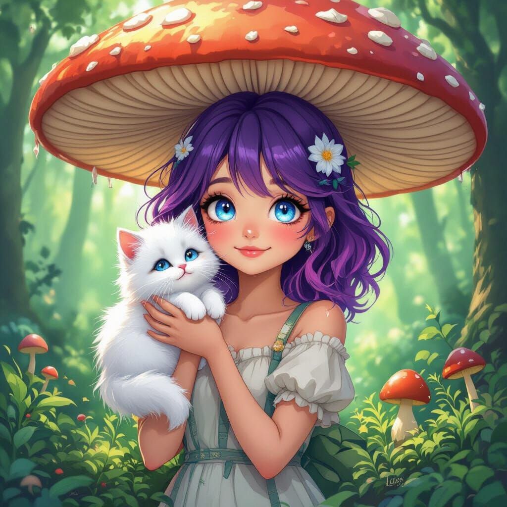 Girl with Kitten on Mushroom in Anime Style Forest