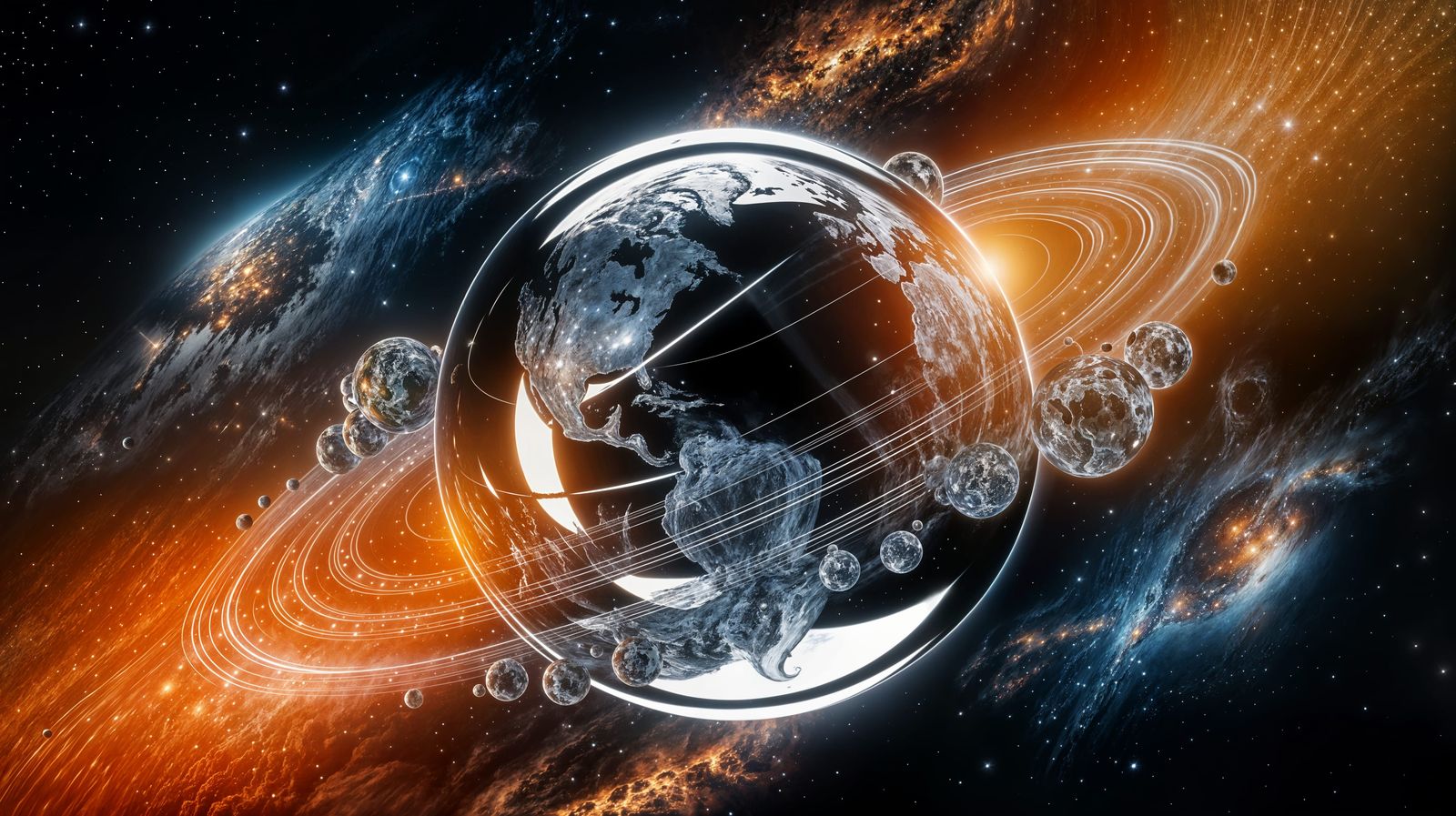 Serenely Floating Chrome Planet in Space