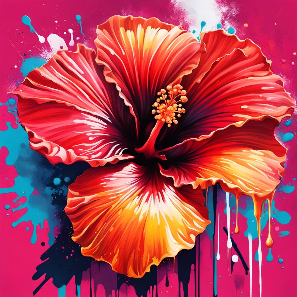 Colorful Hibiscus Flower in Graffiti Splash Art Style
