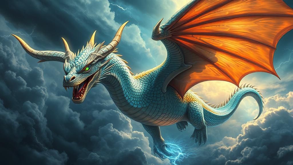 Iridescent Dragon Soaring Through Stormy Sky