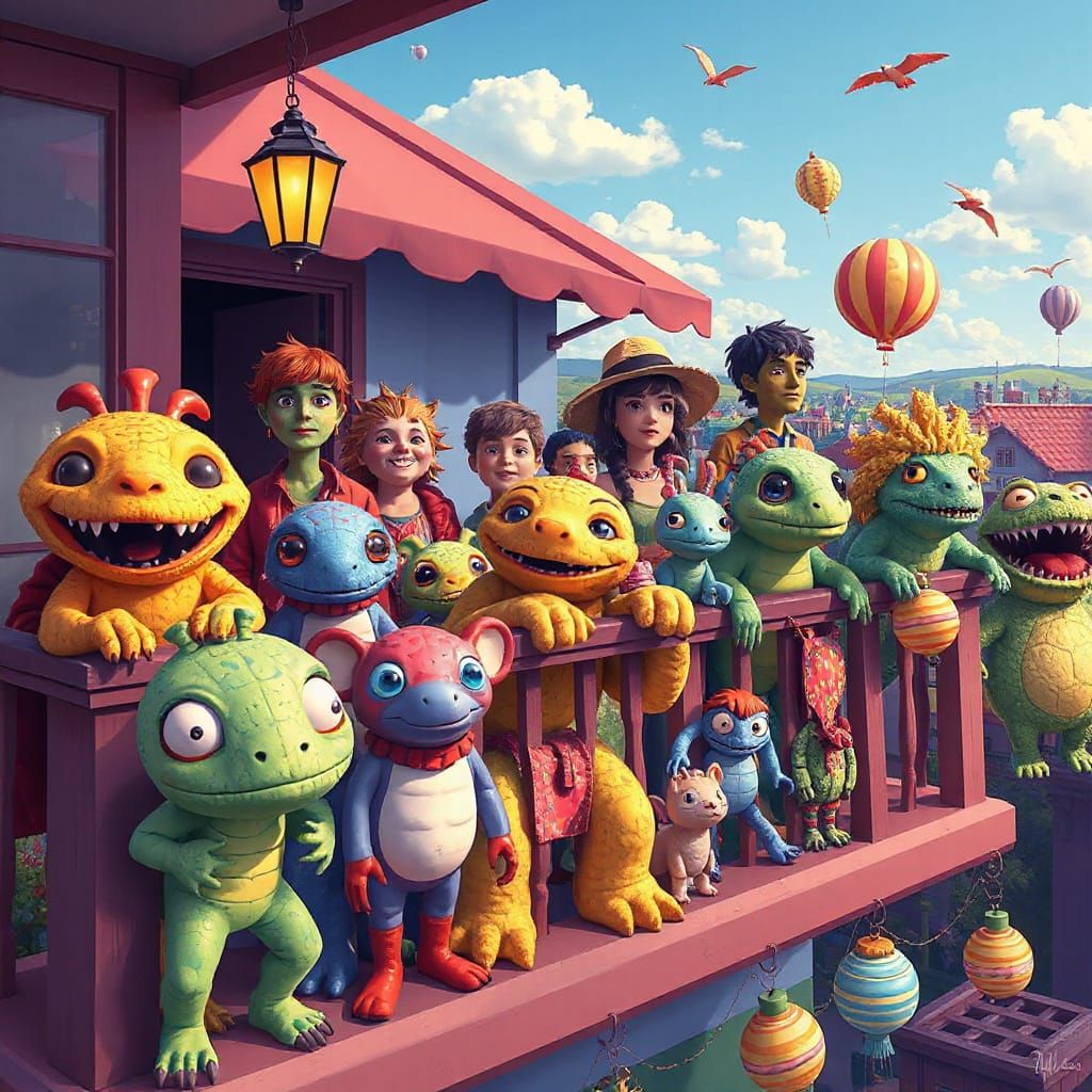 Whimsical Creatures on a Balcony in Candy Art Style