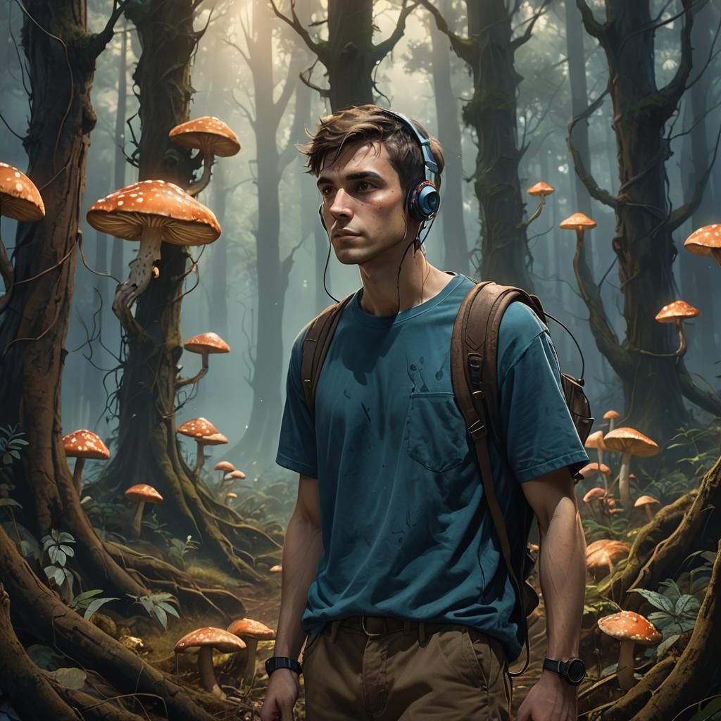 Melancholy Young Man in Glowing Forest: Fantasy Realism