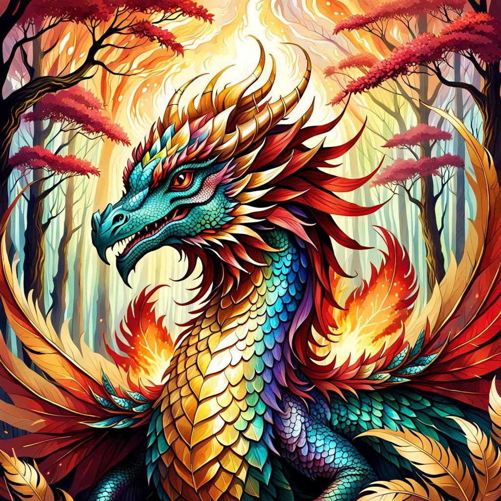 Eastern Dragon with Phoenix Feathers in Fantasy Forest