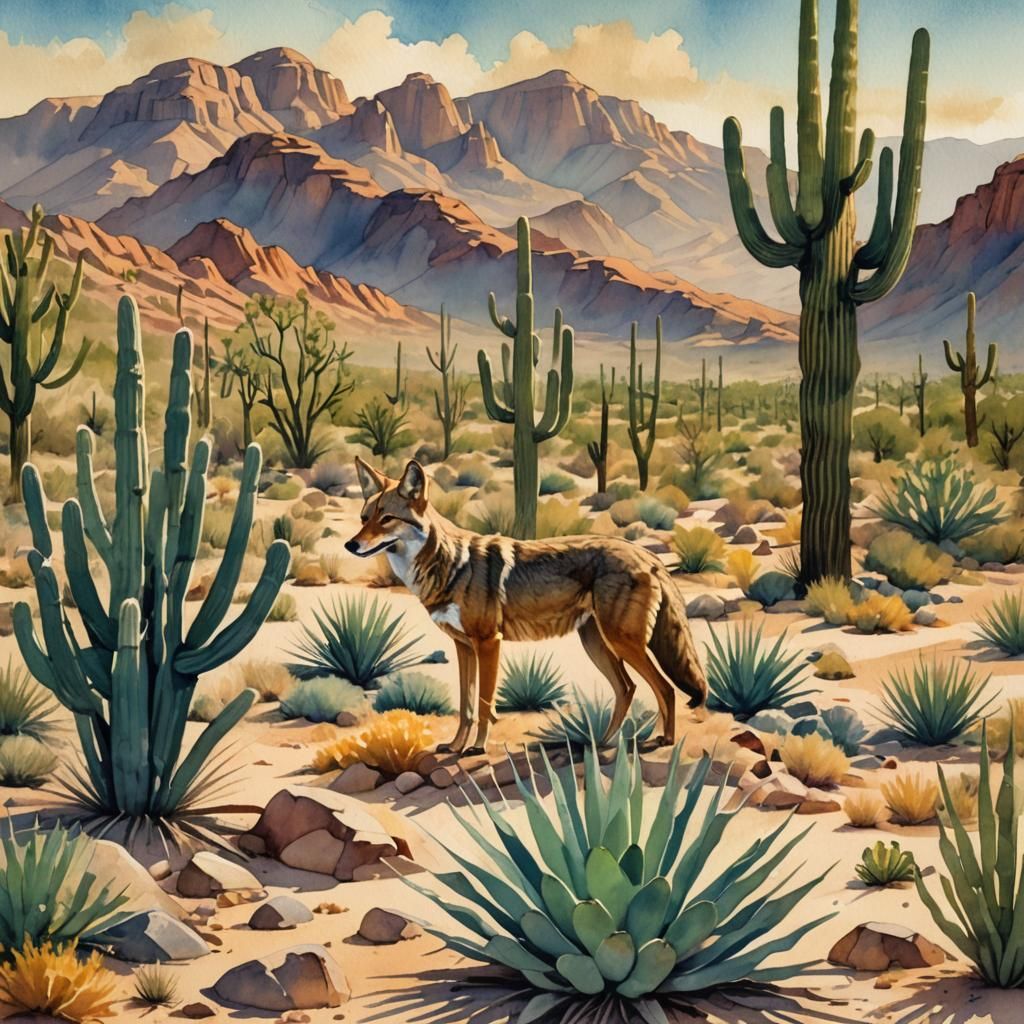 Southwestern Desert Landscape with Coyote in Watercolor