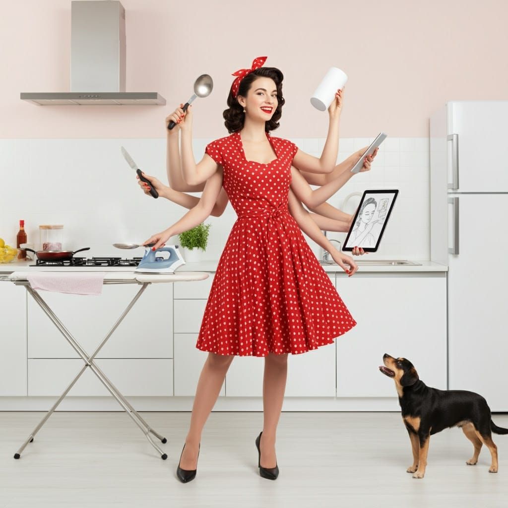 Whimsical Multitasking Woman in Modern Kitchen