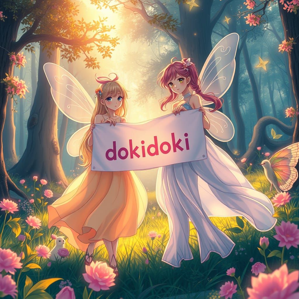 Fairies with Dokidoki Banner in Mystical Forest