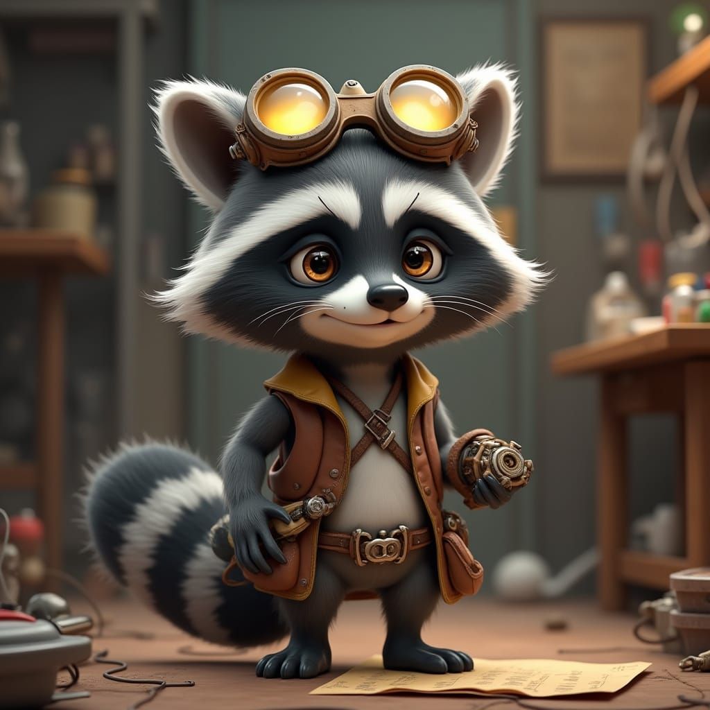 Inventive Raccoon in Whimsical Workshop Scene