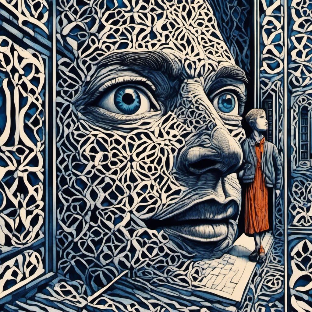 Cinematic Doorways with Humanoid Shapes in Etched Style