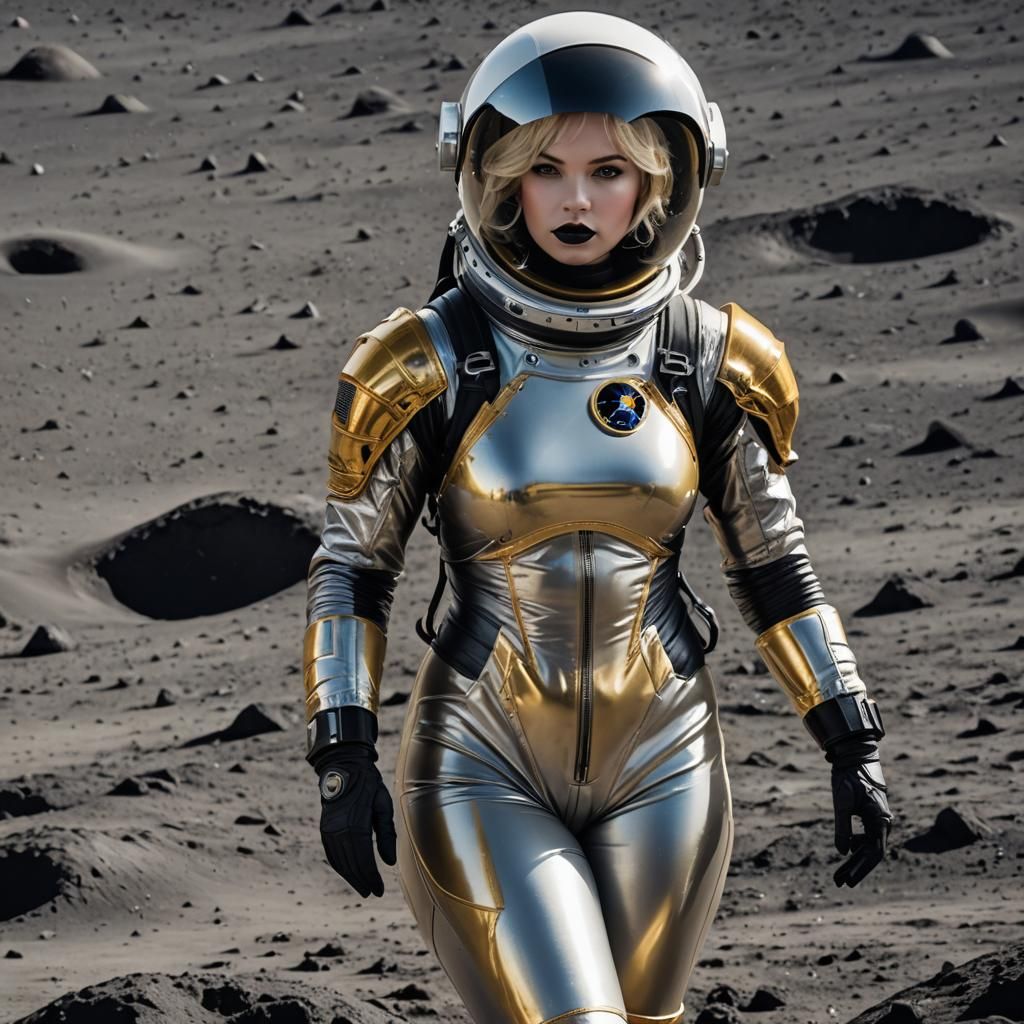 029 A beautiful female astronaut wearing a yellow/golden spa...