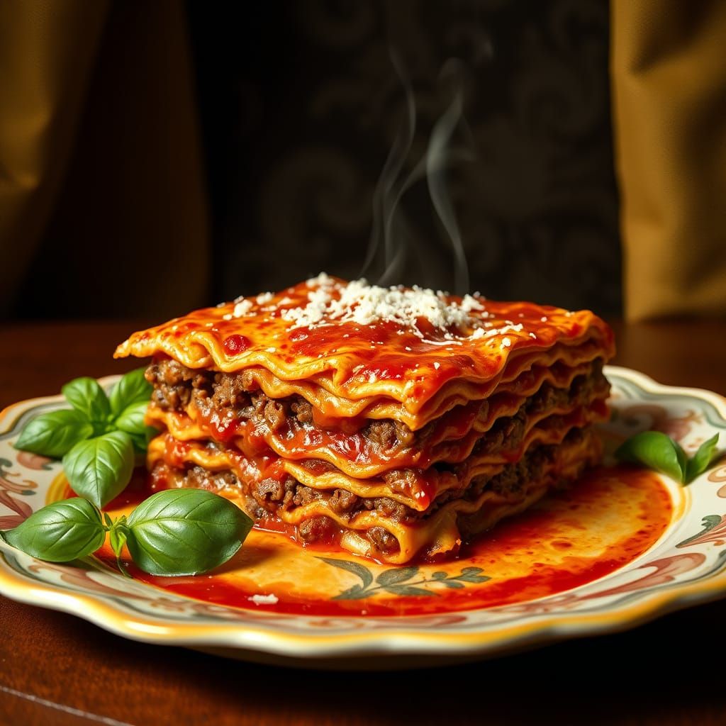 Steaming Hot Lasagna in Golden Still Life