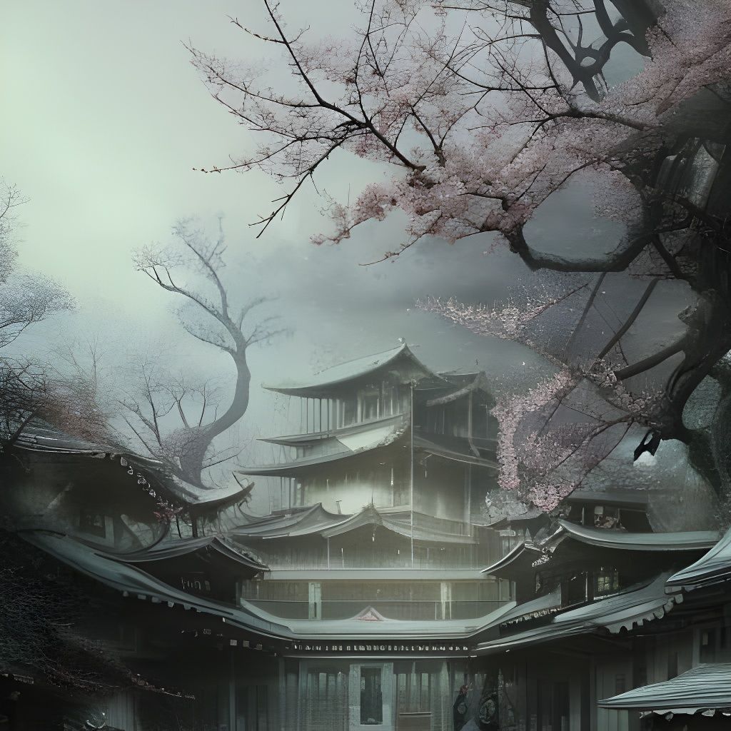 Winter Sakura and Shrine in Anime Style