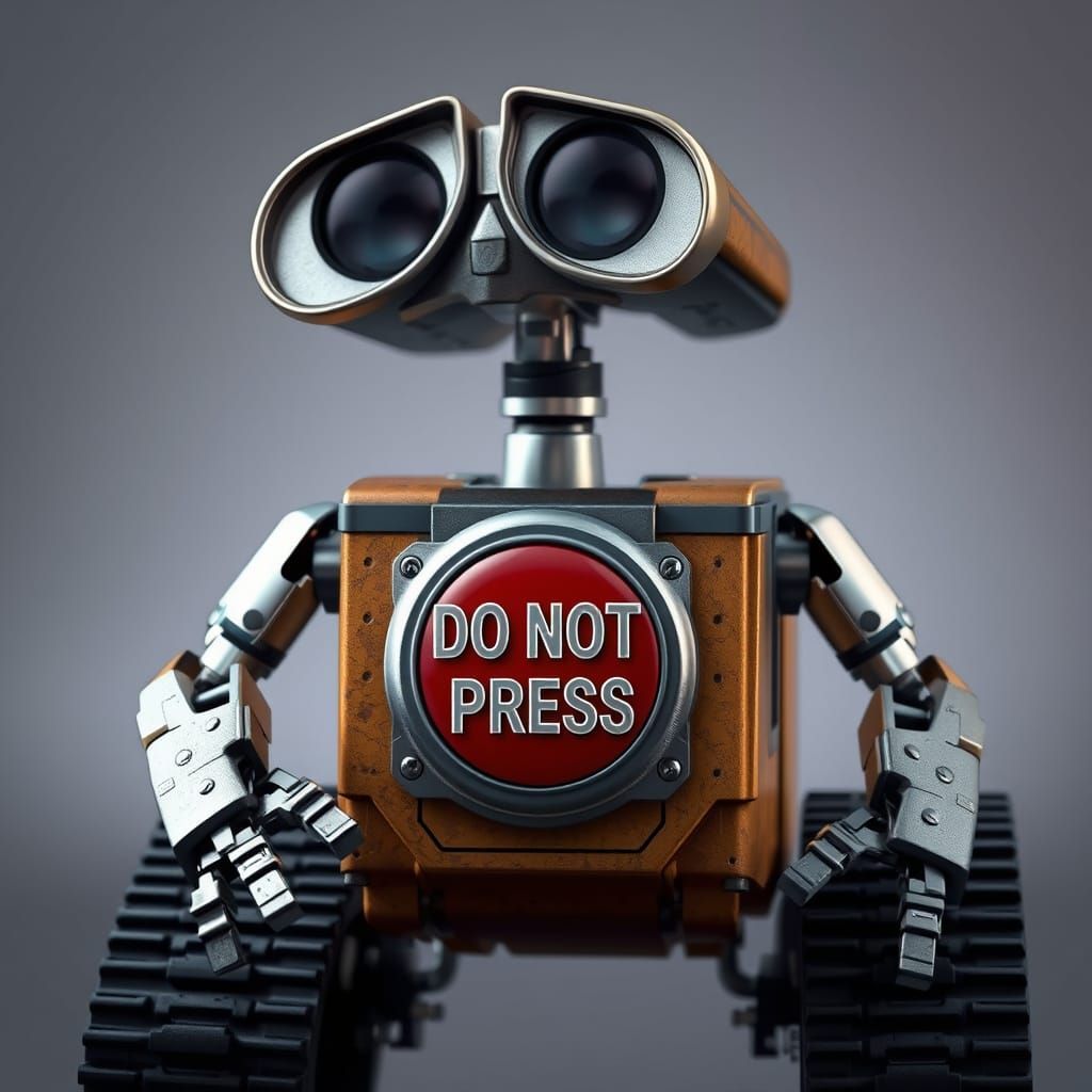 Futuristic Robot Character with Warning Label