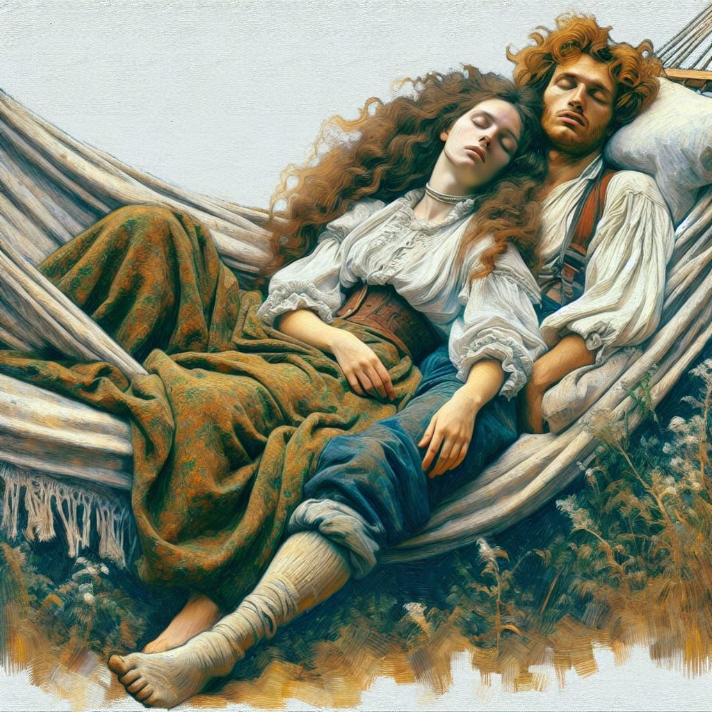 Impressionist Painting of Couple Relaxing in Hammock